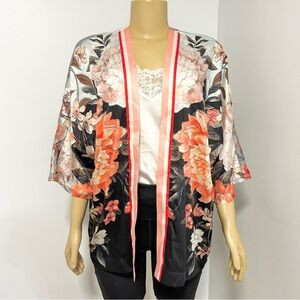 Chicos‎ Floral Crane Print Kimono Cardigan Black Coral Open Front S/M